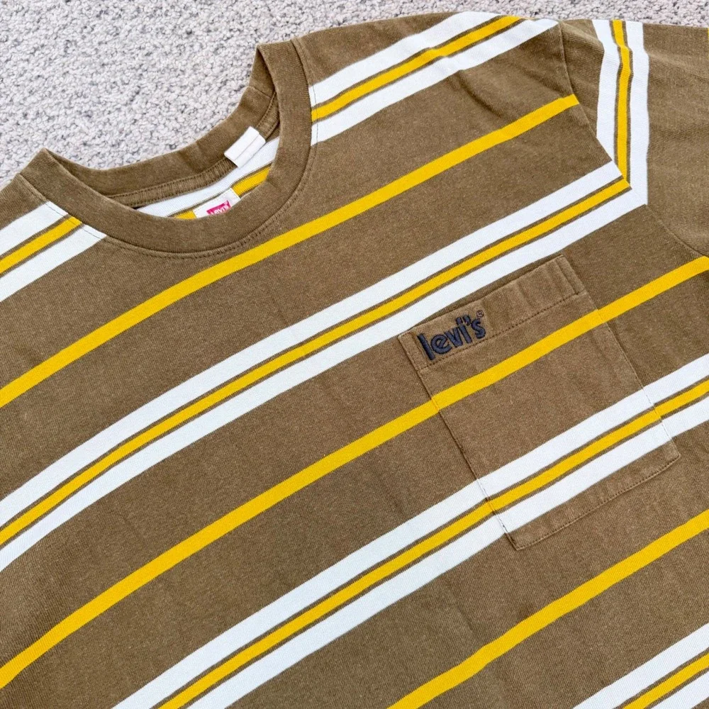 Levis Mens Oversized Striped Pocket T-Shirt Olive Green Yellow White Large
